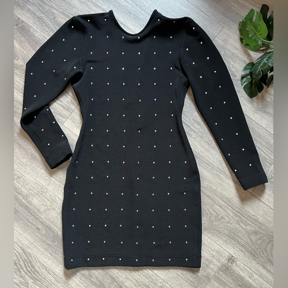 Vintage Tadashi rhinestone bodycon long sleeve mini dress in black. Size S